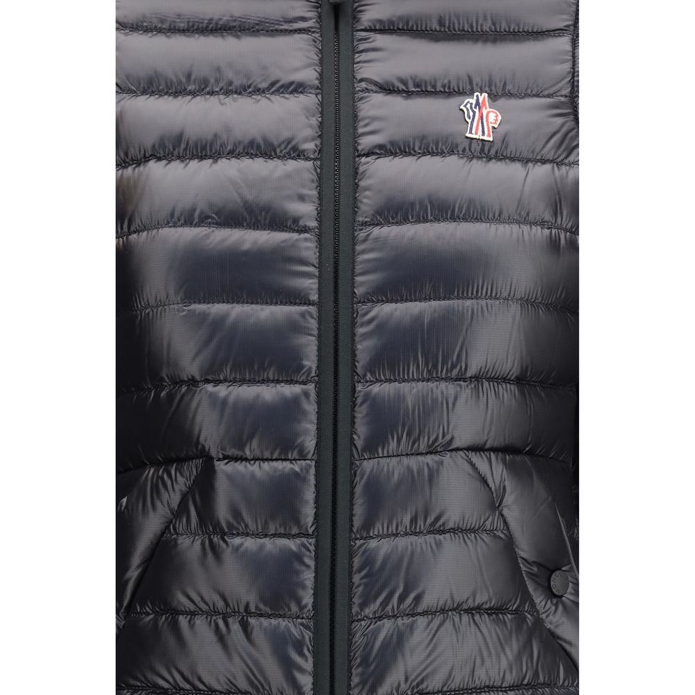Black Synthetic Quilted Full-Length Jacket with Hood