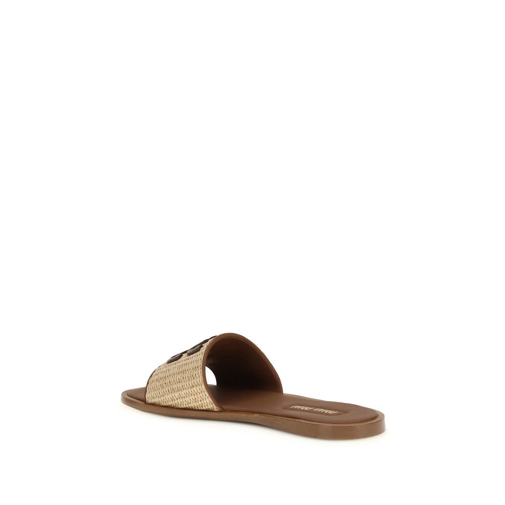 Beige Raffia Leather Slippers by Miu Miu