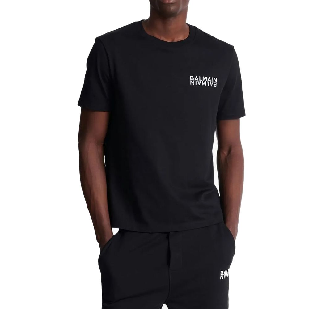 Schwarzes Baumwoll-T-Shirt mit kontrastierendem Logo-Print