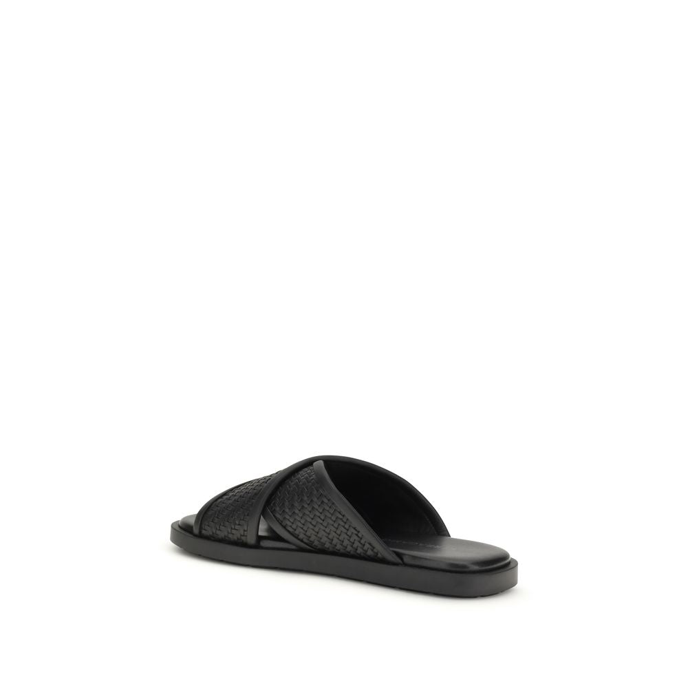 Black Leather Gancini Flat Sandals with Woven Straps