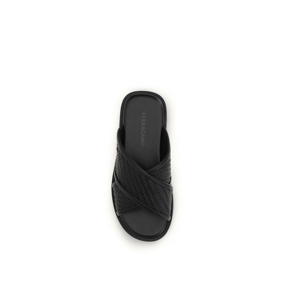 Black Leather Gancini Flat Sandals with Woven Straps