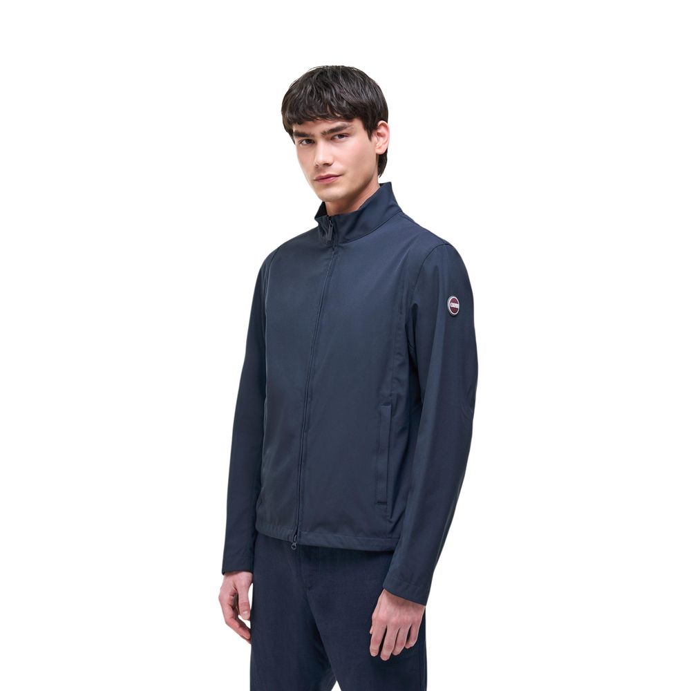 Blaue Synthetik-Jacke in voller Länge mit Reißverschluss