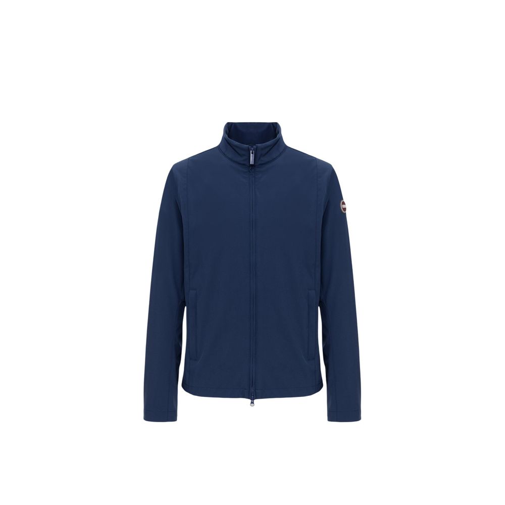 Blaue Synthetik-Jacke in voller Länge mit Reißverschluss