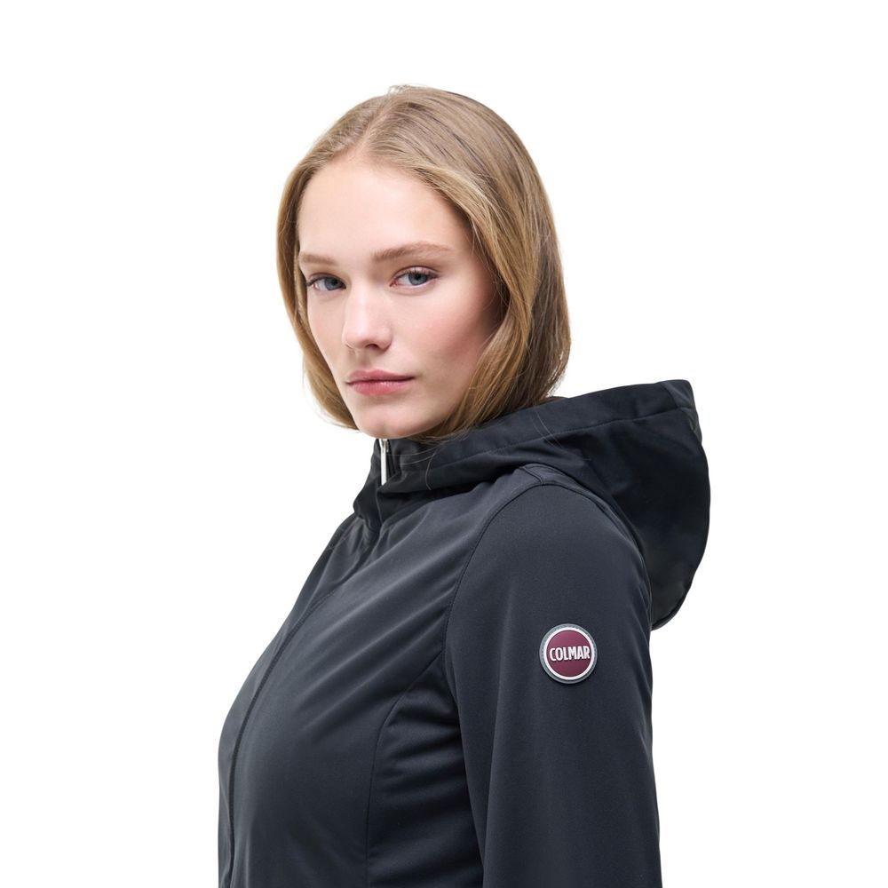 Schwarze Kunstfaserjacke mit Kapuze