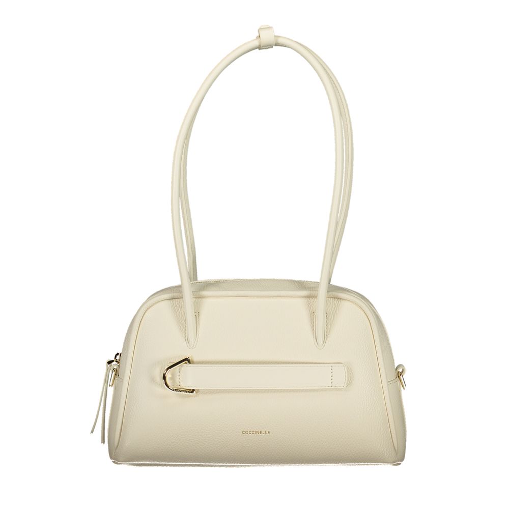 White Leather Handbag with Shoulder Handles and Pockets