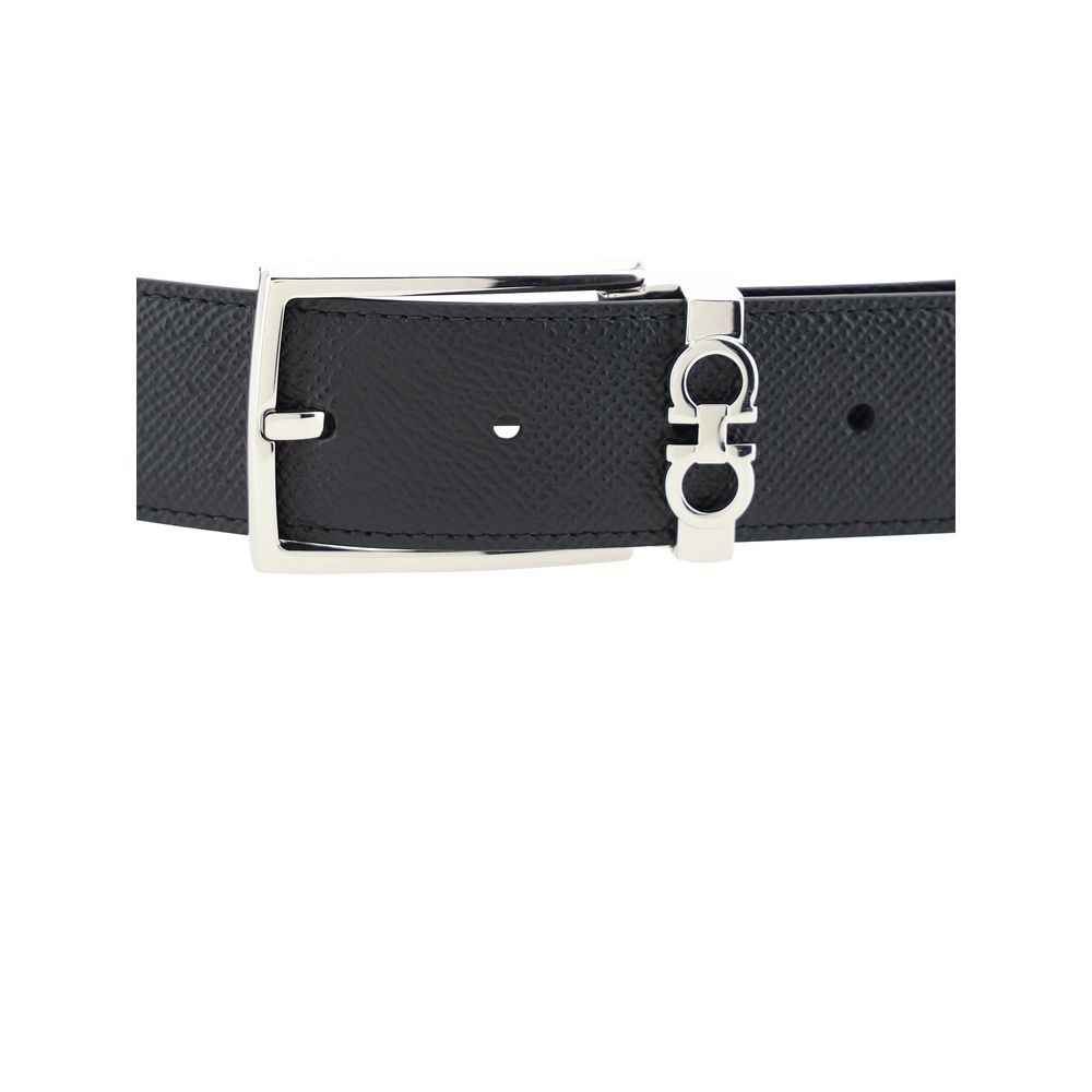 Black Leather Reversible Belt with Gancini Buckle