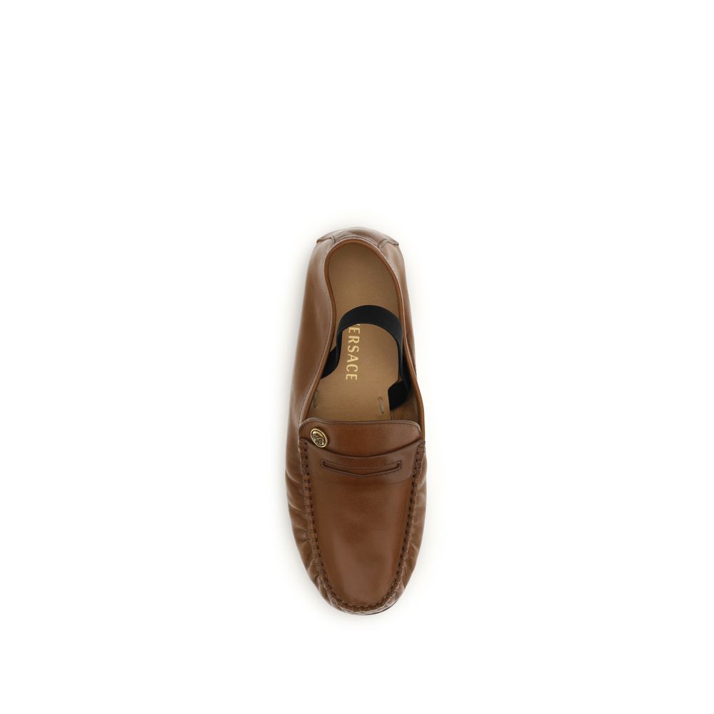 Brown Leather Loafers with Gold Medusa Plaque