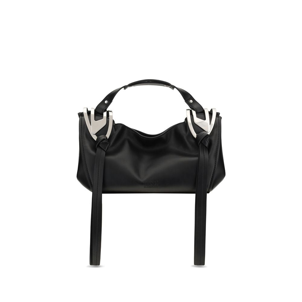 Schwarze Handtasche aus Leder mit Knoten und verstellbarem Riemen