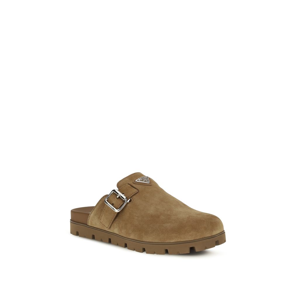 Beige Leather Mules with Metal Triangle Logo