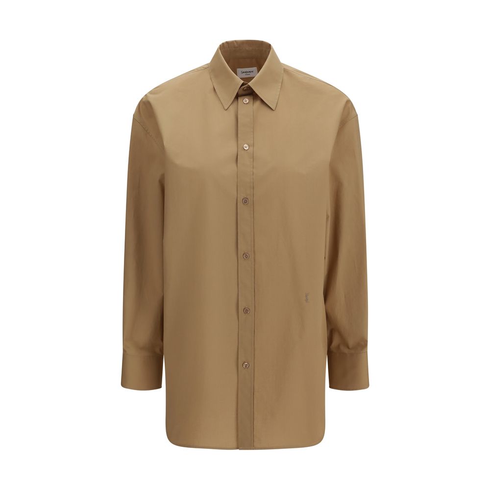 Beige Cotton Dress Shirt with Embroidered Logo