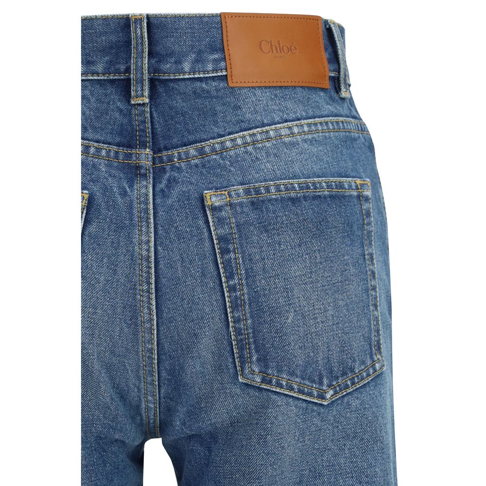 Blue Cotton Flared Jeans with Leather Logo Label
