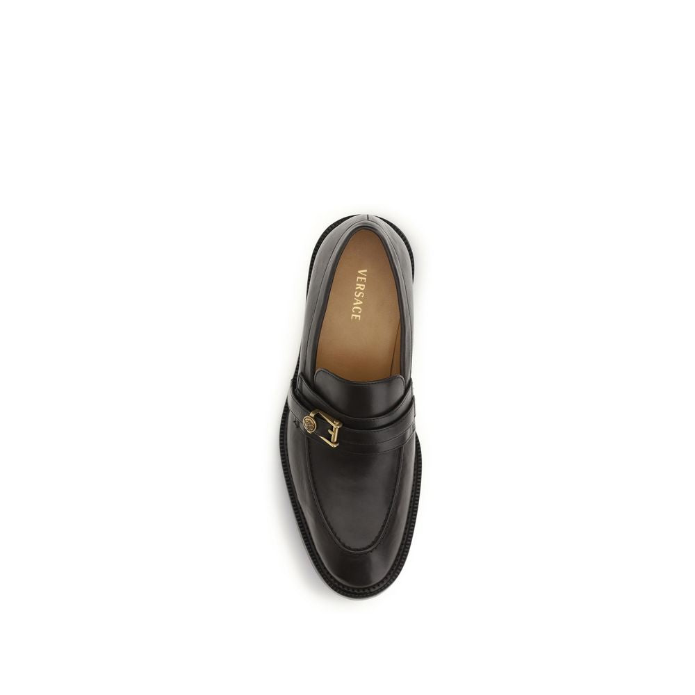 Black Leather Loafers with Medusa Detail
