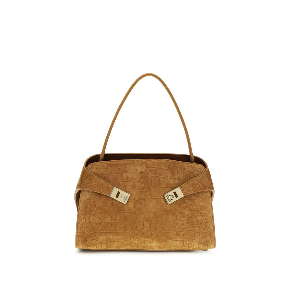 Beige Leather Shoulder Bag with Gold Buckle Closure