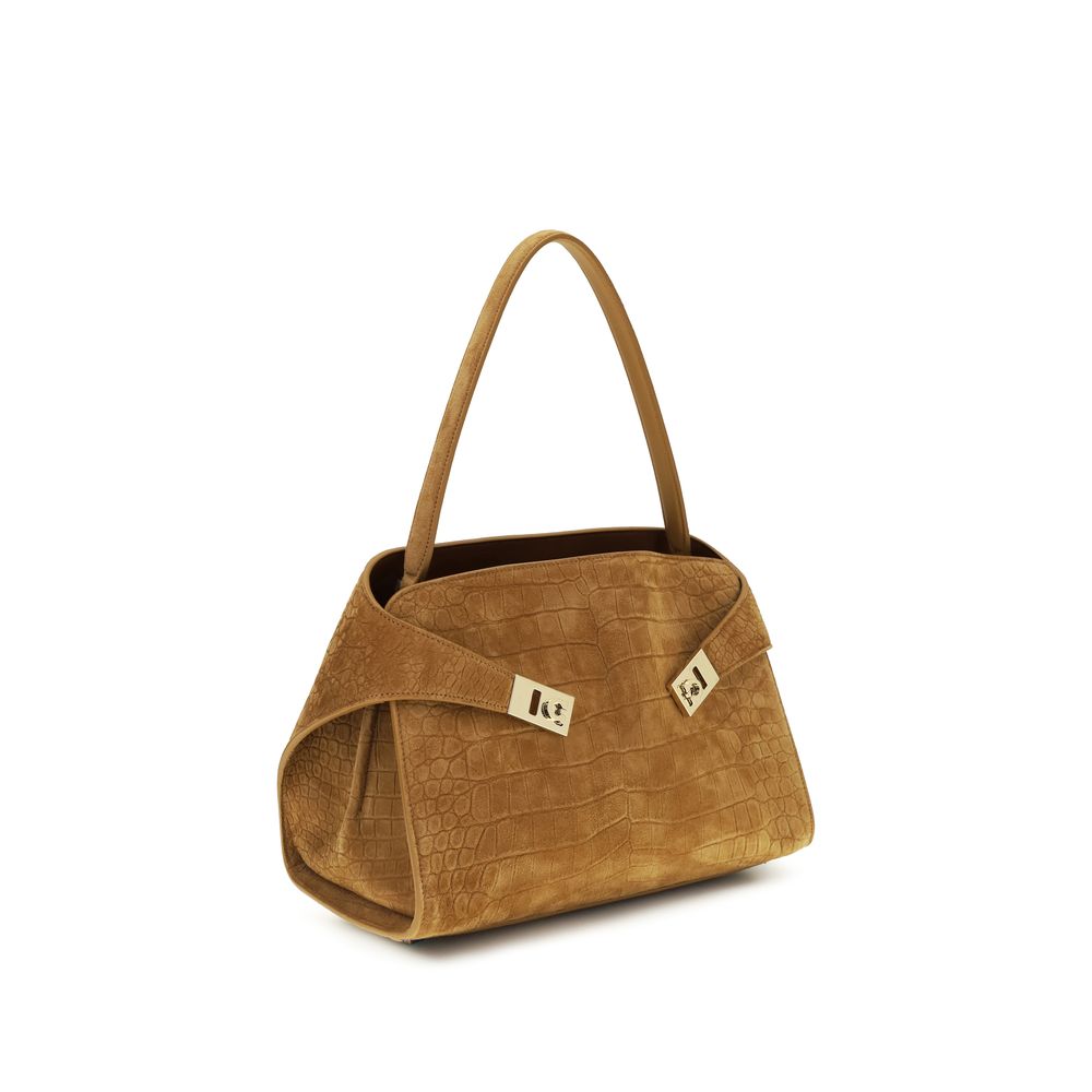 Beige Leather Shoulder Bag with Gold Buckle Closure