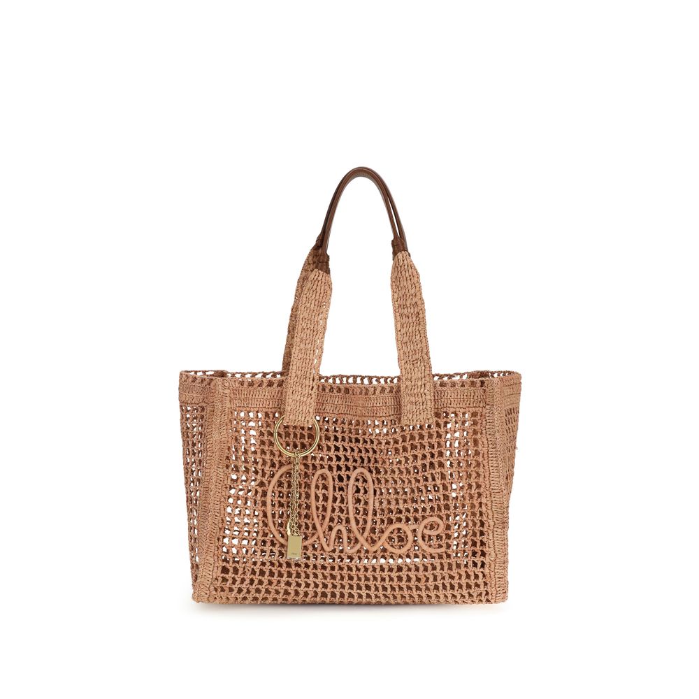 Beige Raffia-Schultertasche mit Lederakzenten