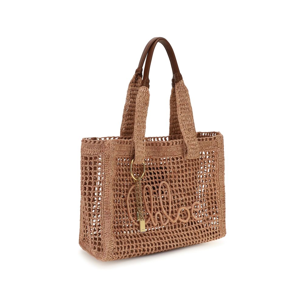Beige Raffia-Schultertasche mit Lederakzenten