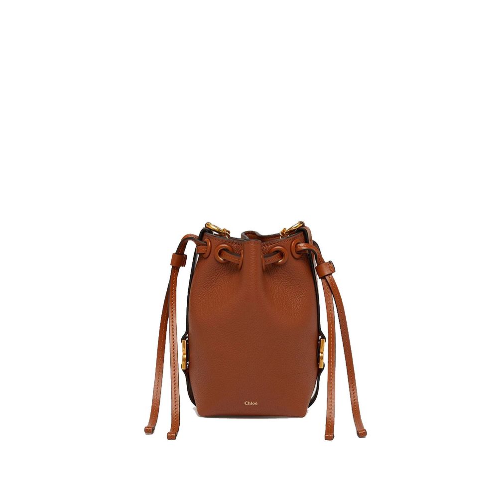 Brown Leather Bucket Bag with Drawstring Closure