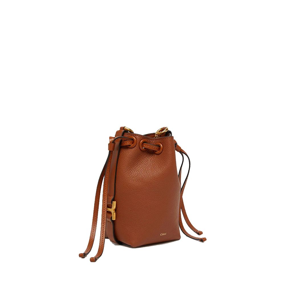 Brown Leather Bucket Bag with Drawstring Closure