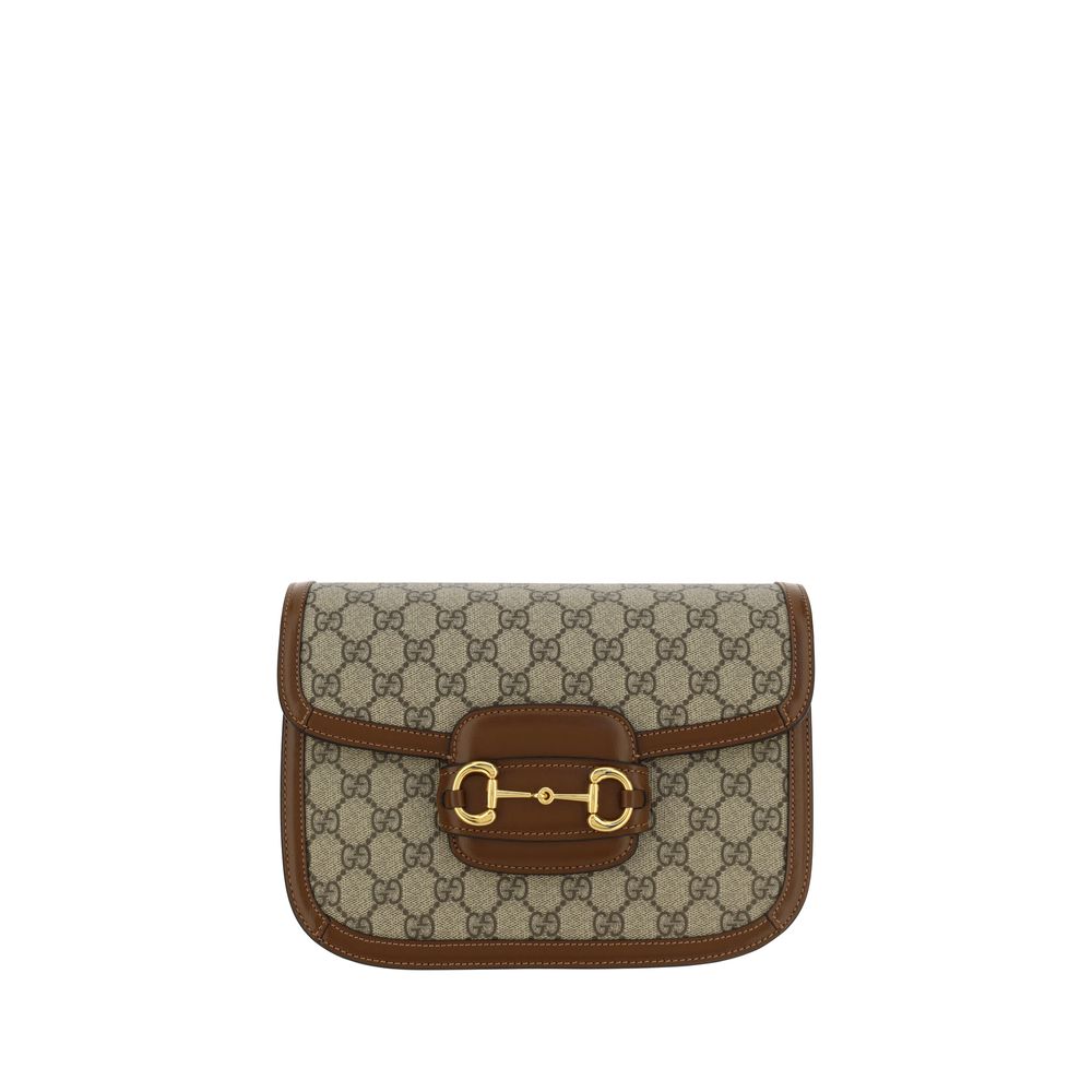 Beige Gucci Horsebit Umhängetasche mit Lederbesatz