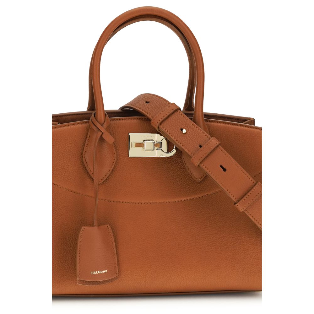 Brown Leather Handbag with Gancini Closure