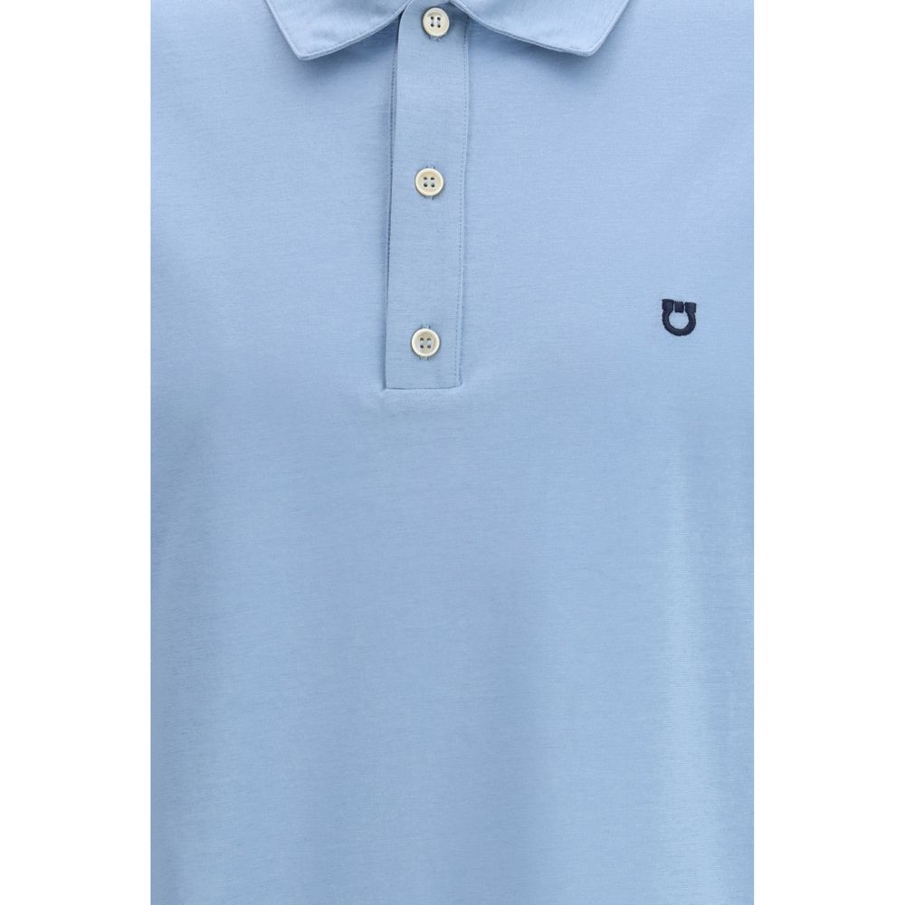 Blue Cotton Polo Shirt with Embroidered Gancini Detail