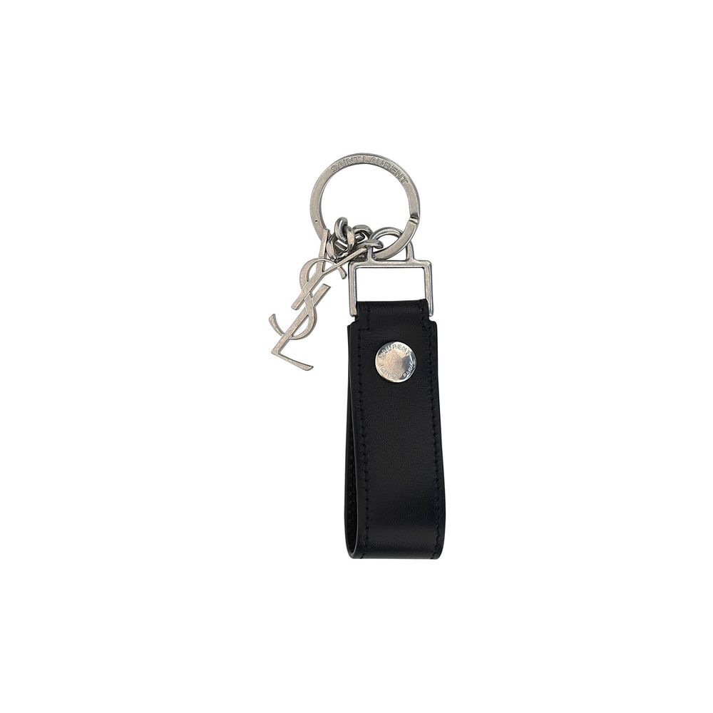 Schwarzer Leder-Schlüsselanhänger mit YSL Monogramm-Anhänger