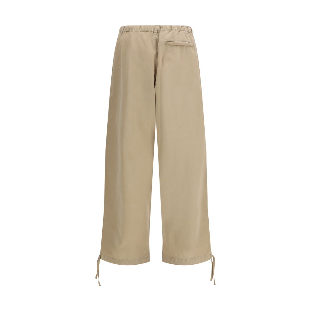Beige Cotton Casual Pants with Drawstring Details