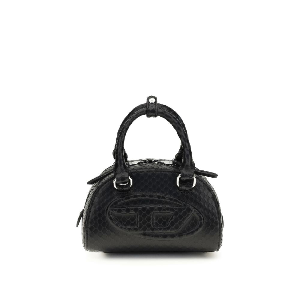 Schwarze Lederkuppelhandtasche mit verstellbarem Riemen