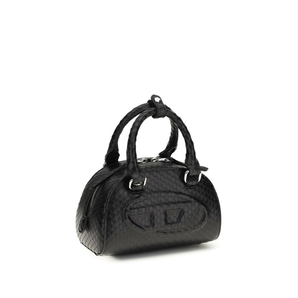 Schwarze Lederkuppelhandtasche mit verstellbarem Riemen