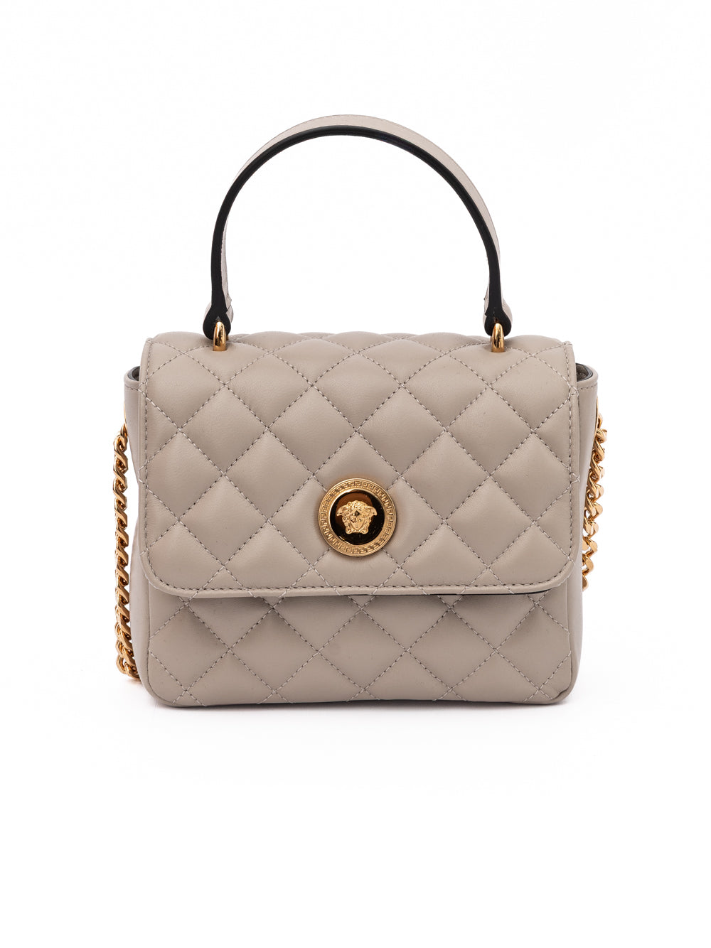 Taupe Leather Quilted Shoulder Handbag with Chain Strap