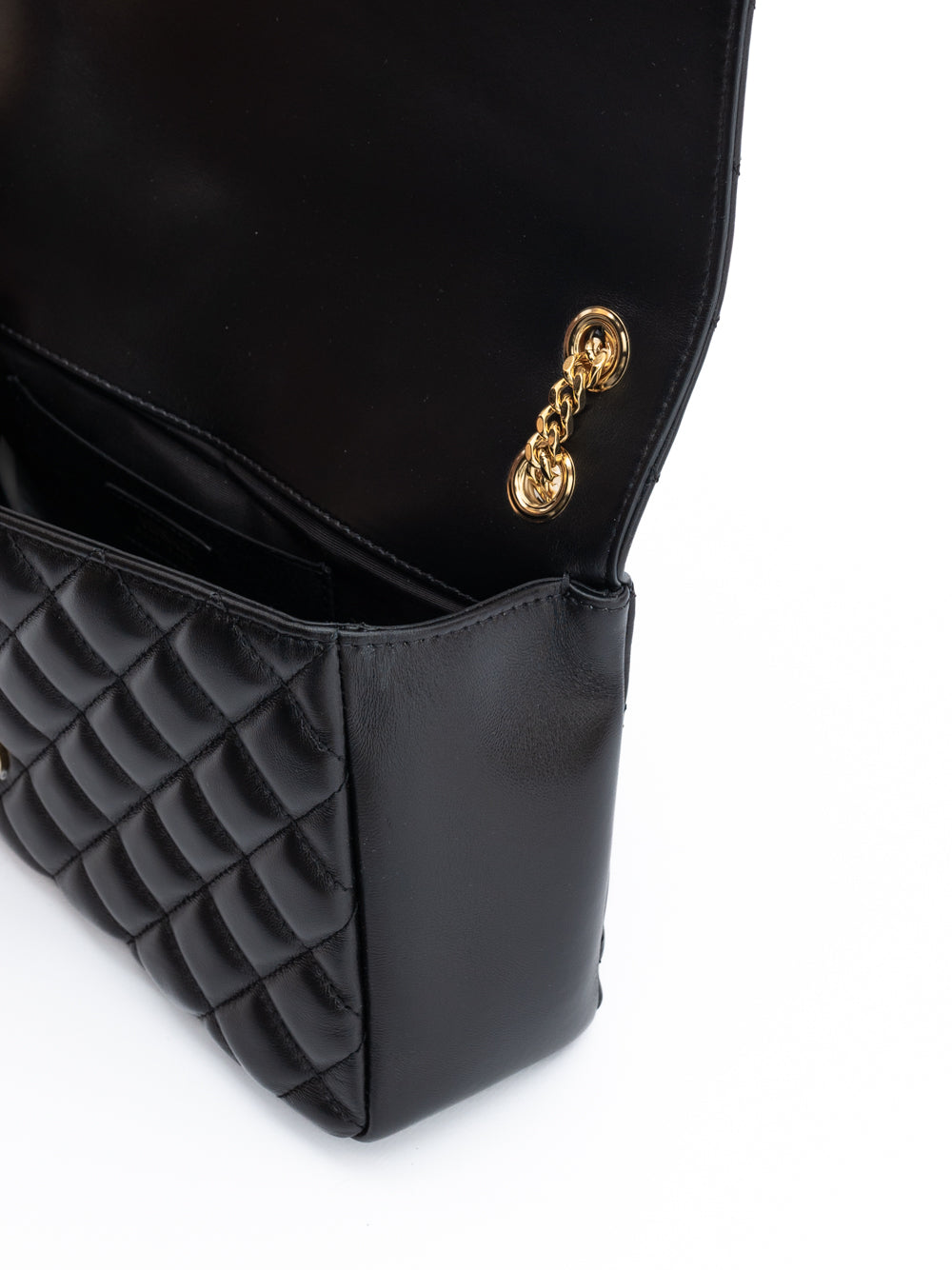 Black Leather Quilted Shoulder Bag with Chain Strap