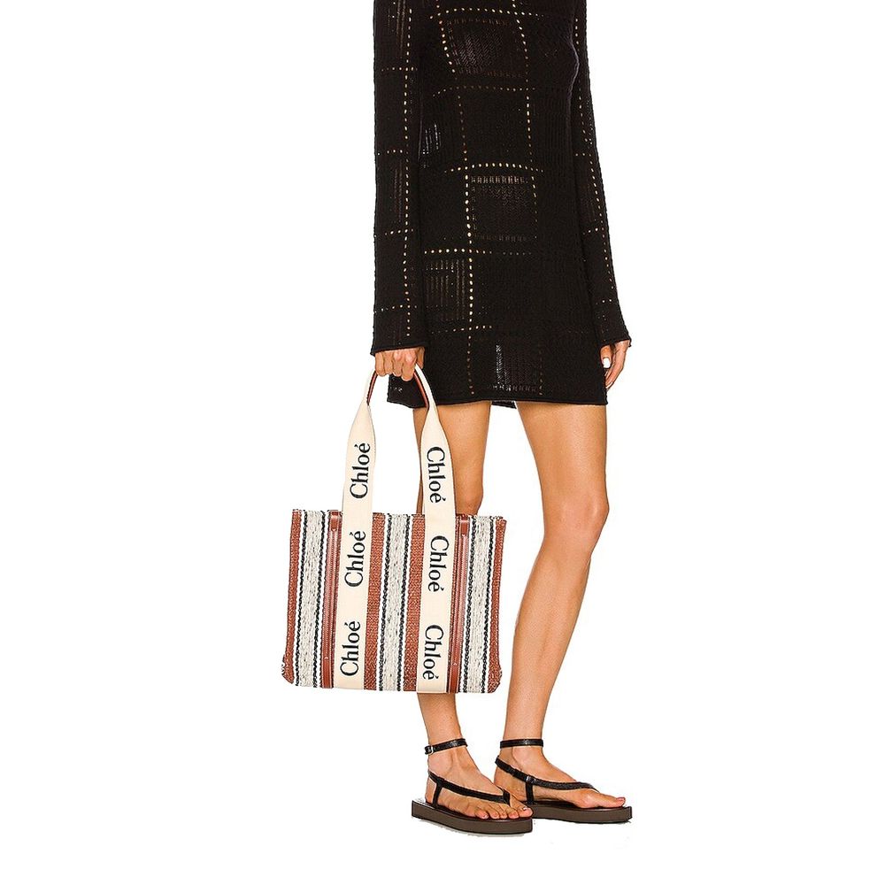 Brown Linen Tote Bag with Leather Detail