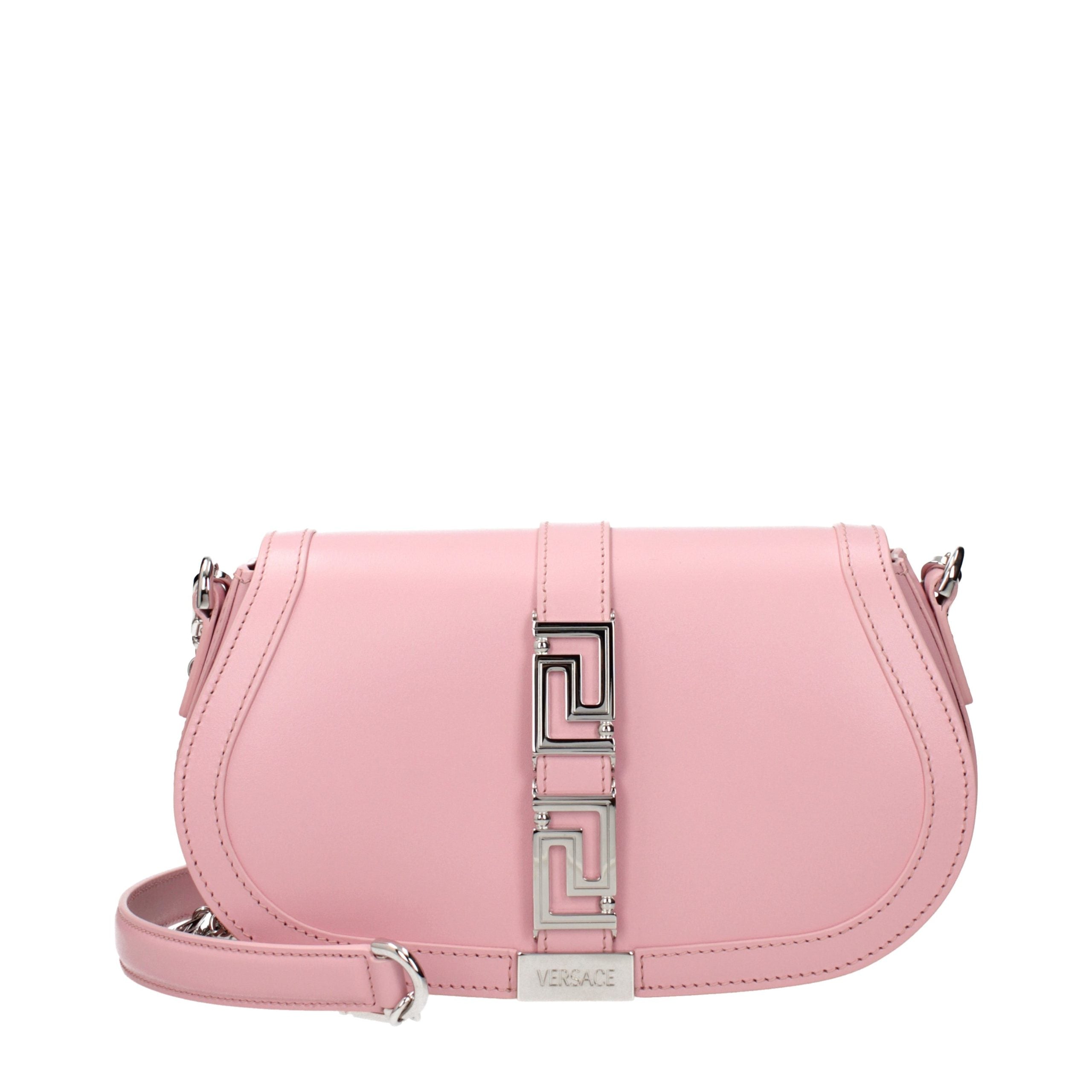 Pink Leather Shoulder Bag with Logo by Versace