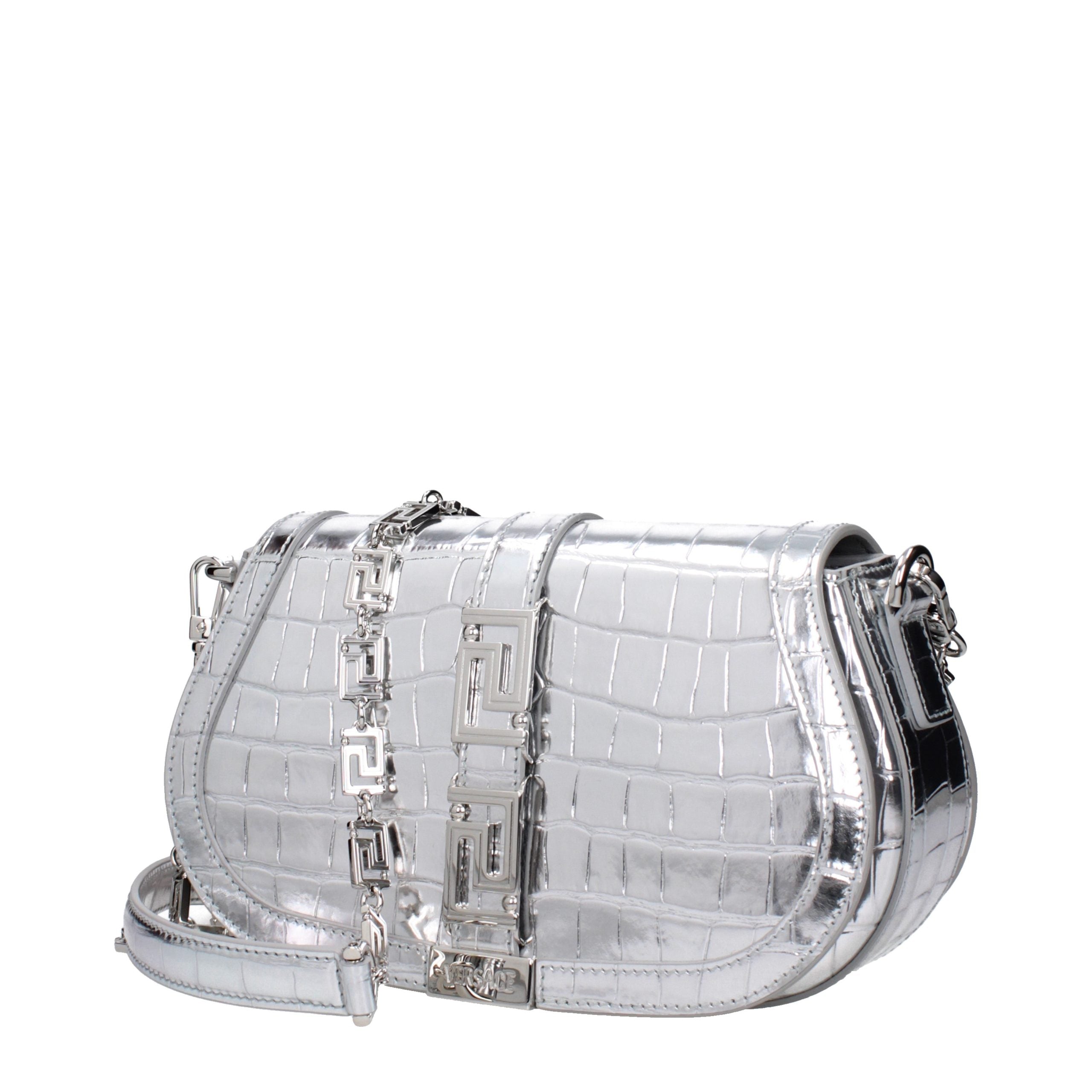 Silver Leather Versace Shoulder Bag with Logo