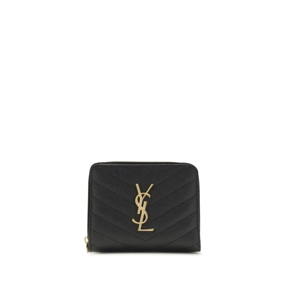 Schwarze Ledergeldbörse mit goldenem YSL-Logo