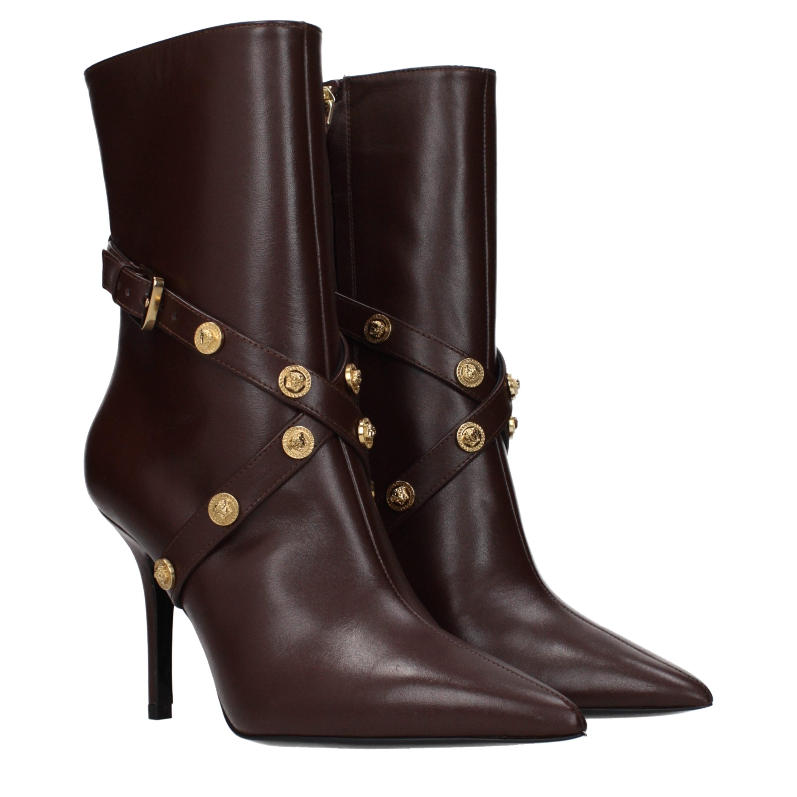 Brown Leather Ankle Boots with Zip Closure and High Heel