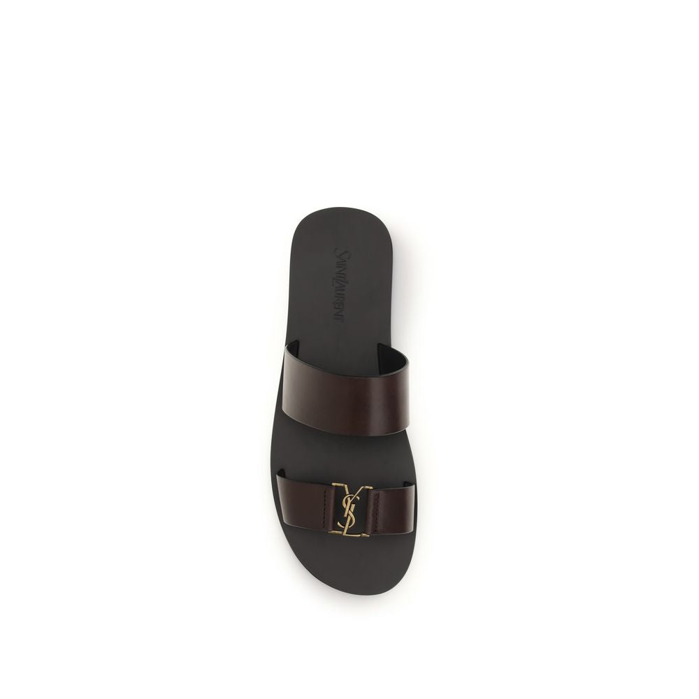 Saint Laurent Braune Kalbsleder-Bos-Taurus-Flachsandale