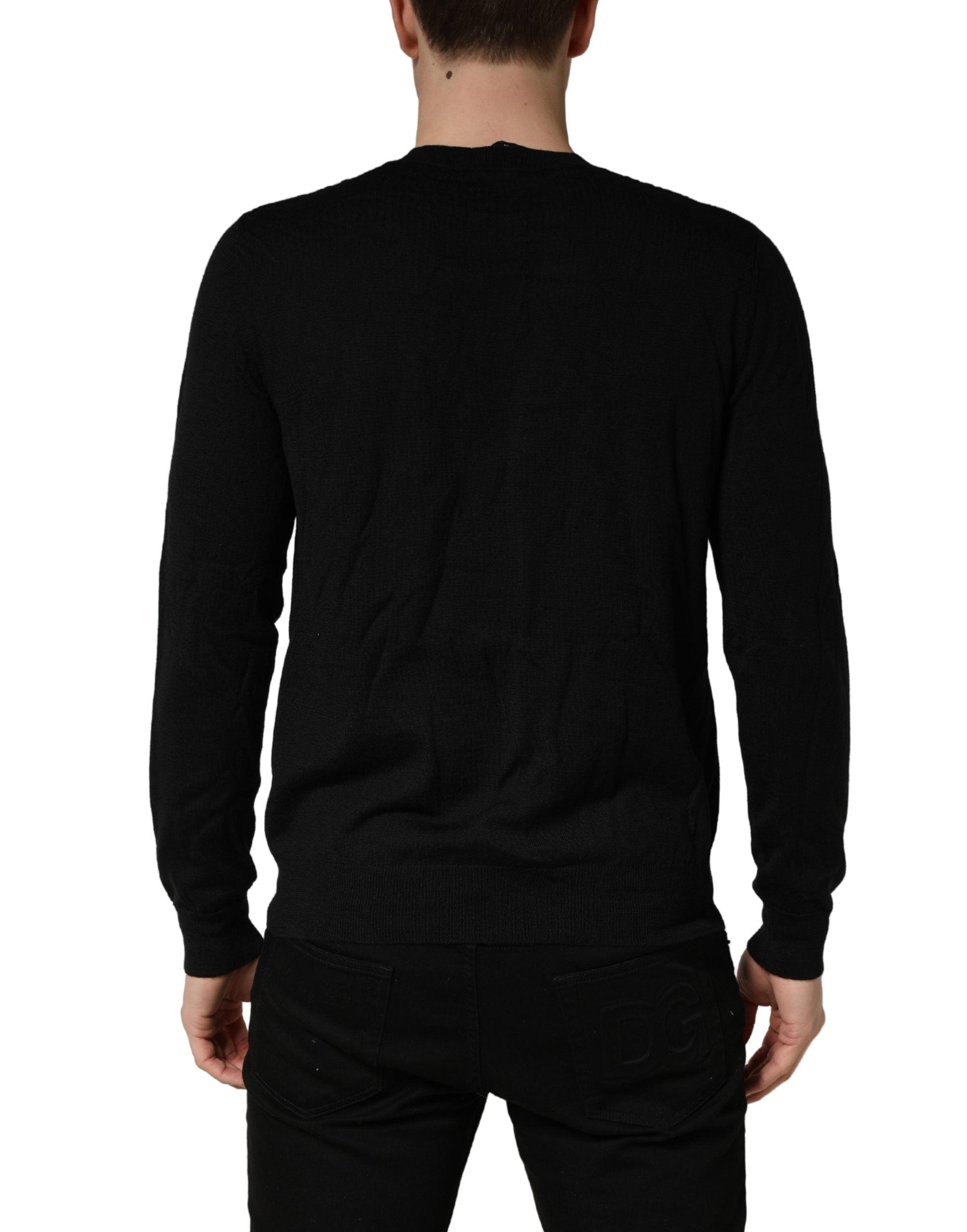 Black Wool Crew Neck Sweater with Logo