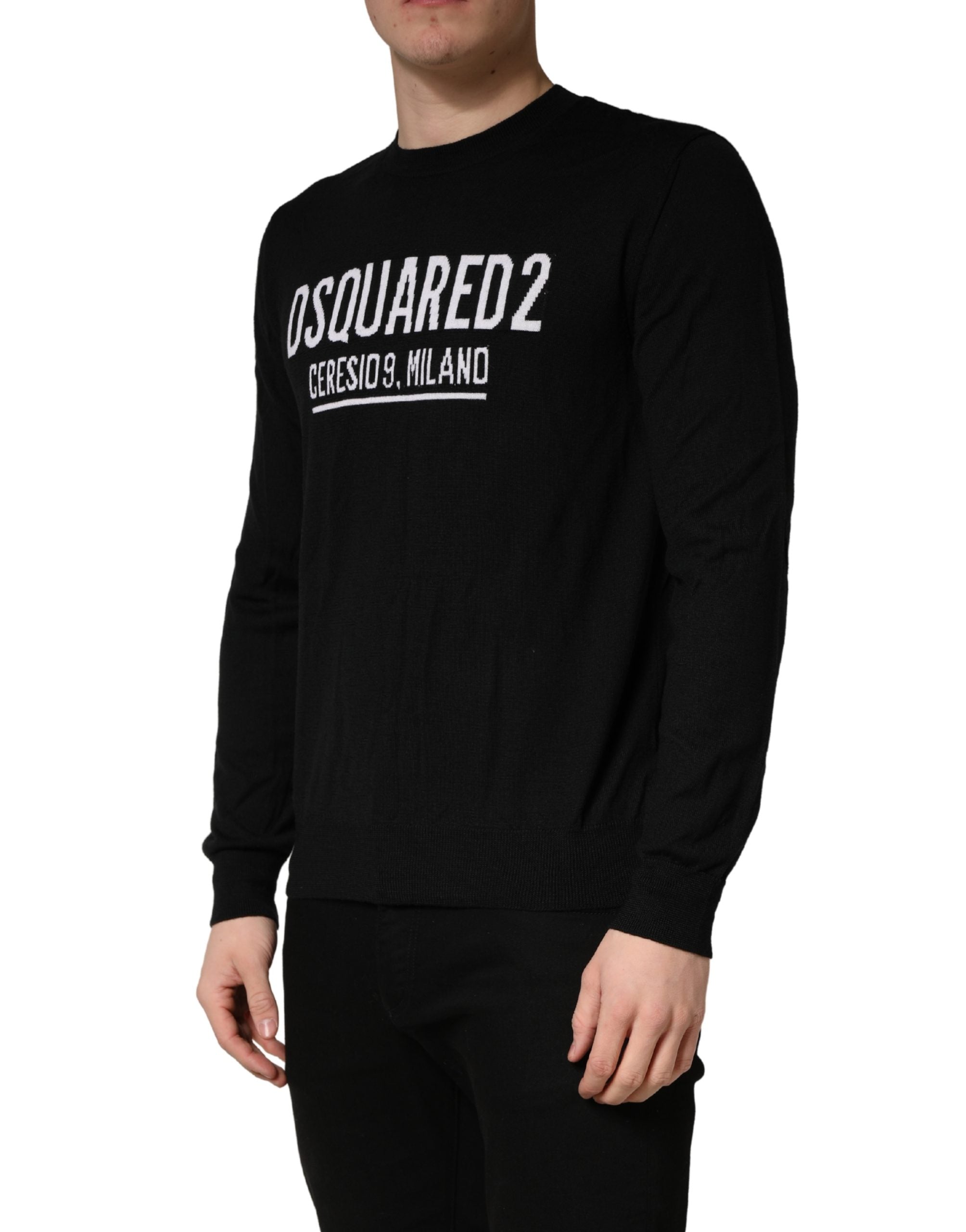 Black Wool Crew Neck Sweater with Logo