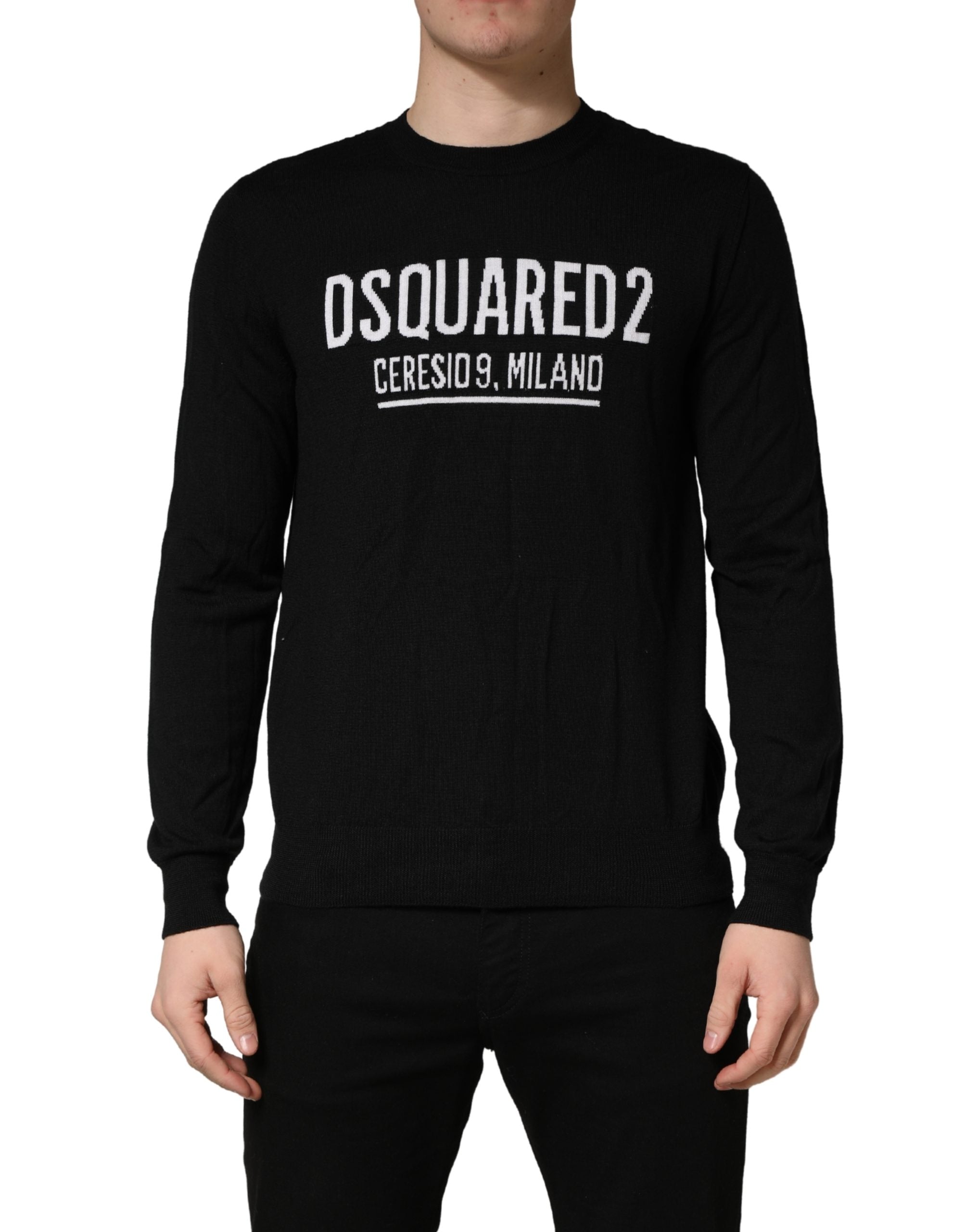 Schwarzer Wollpullover mit Rundhalsausschnitt und Logo