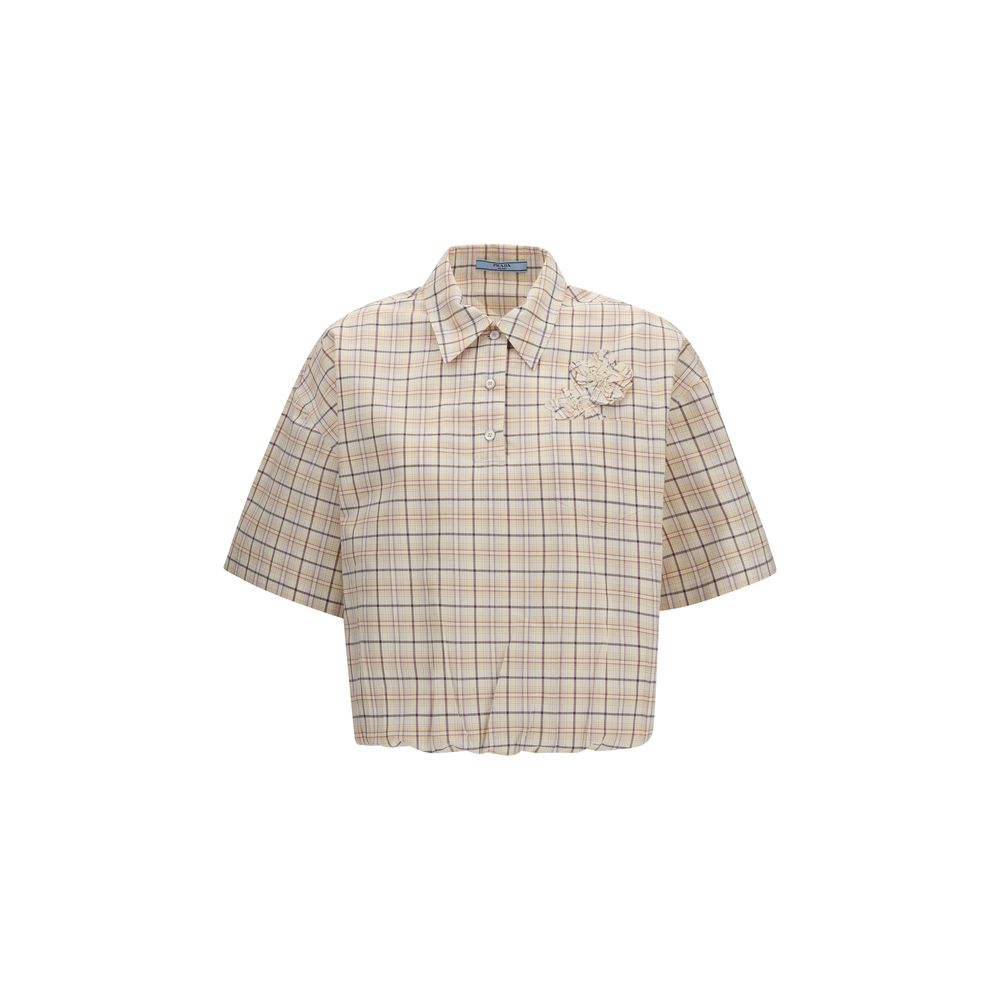 Beige Cotton Checked Shirt with Polo Collar