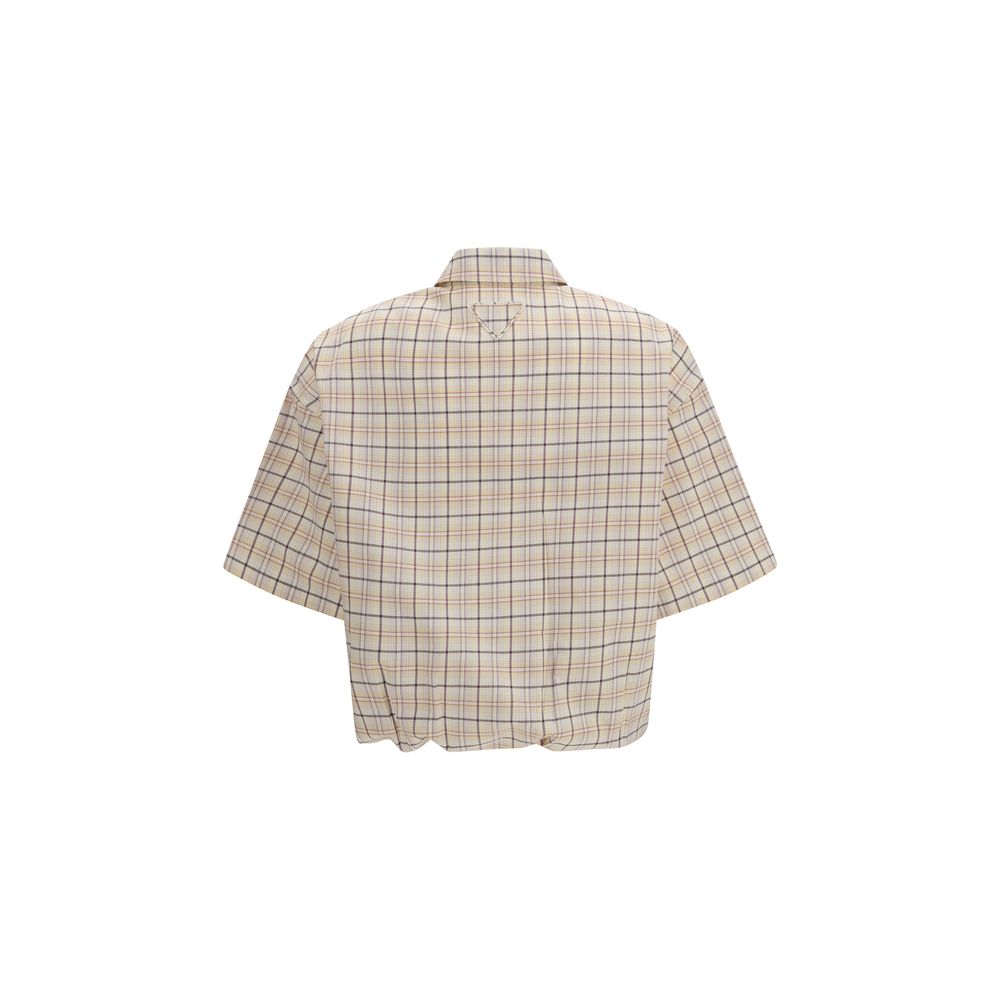 Beige Cotton Checked Shirt with Polo Collar