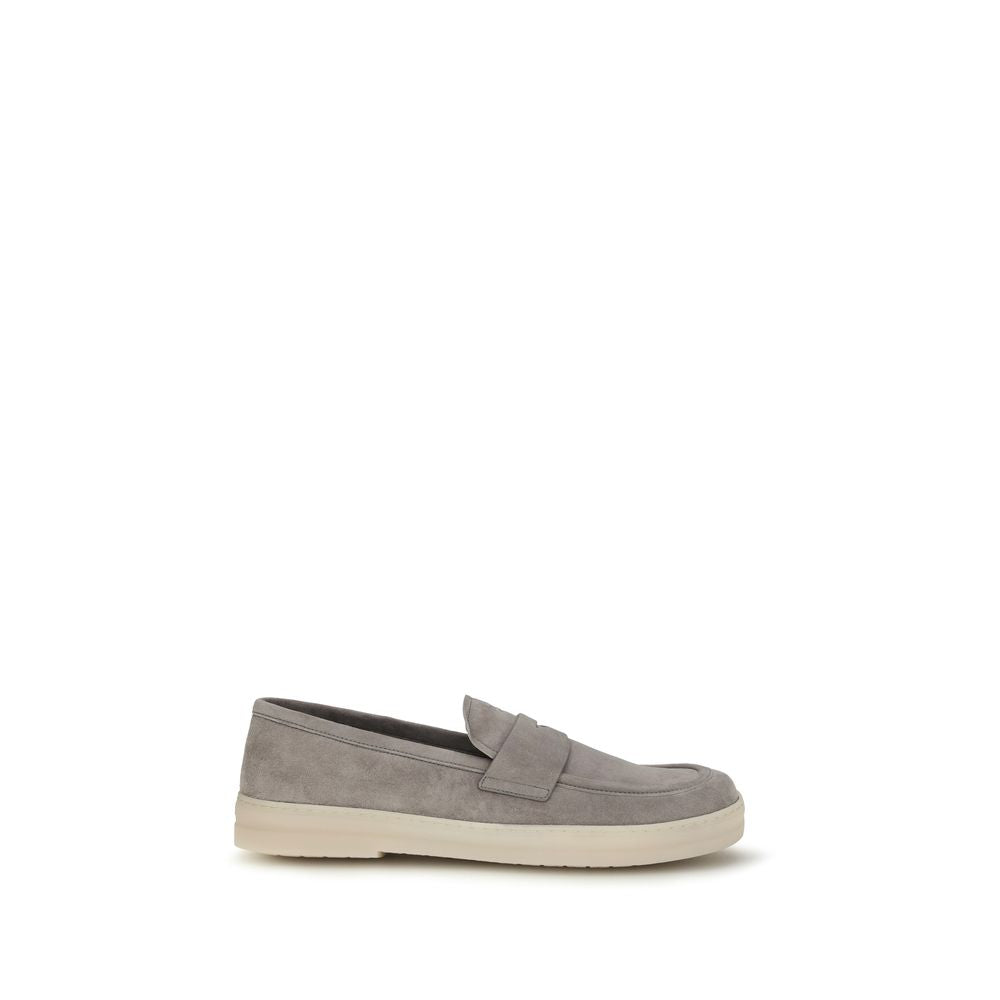 Gray Leather Slip-On Loafers with Logo Detail