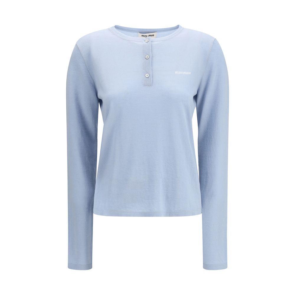 Blaues Kaschmir-Henley-T-Shirt von Miu Miu