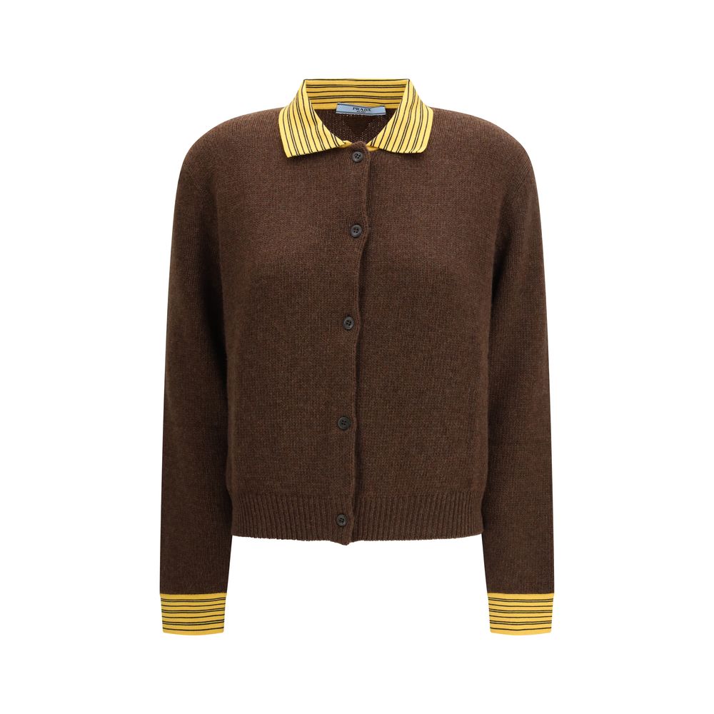 Brown Wool Cardigan with Striped Collar and Cuffs