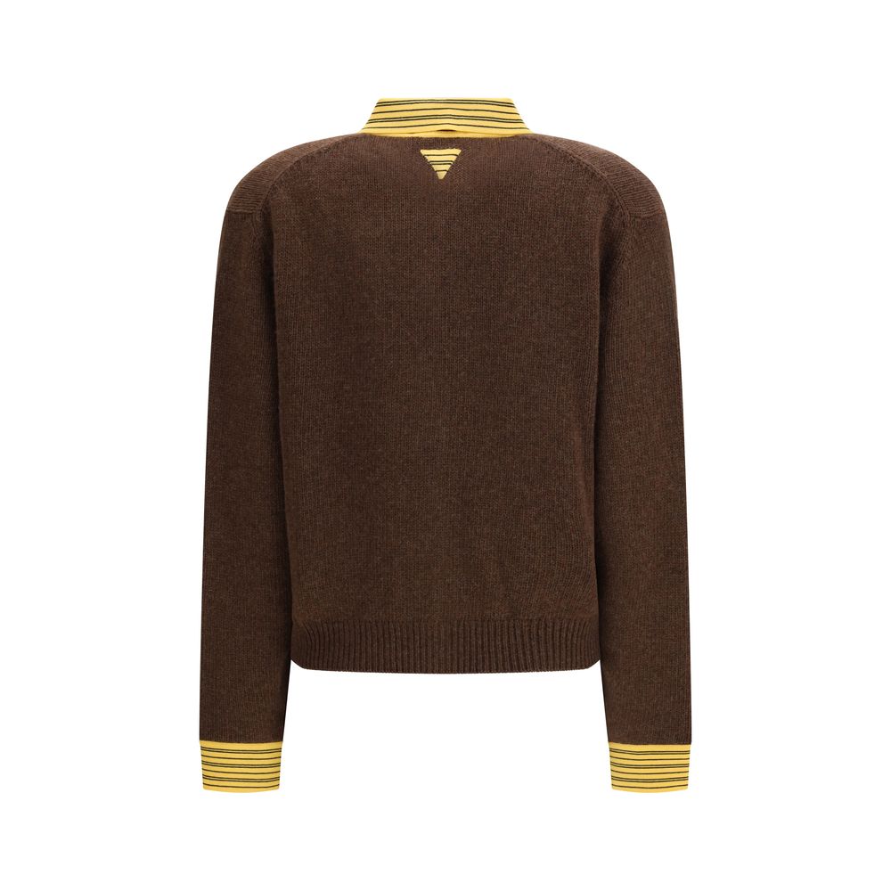Brown Wool Cardigan with Striped Collar and Cuffs