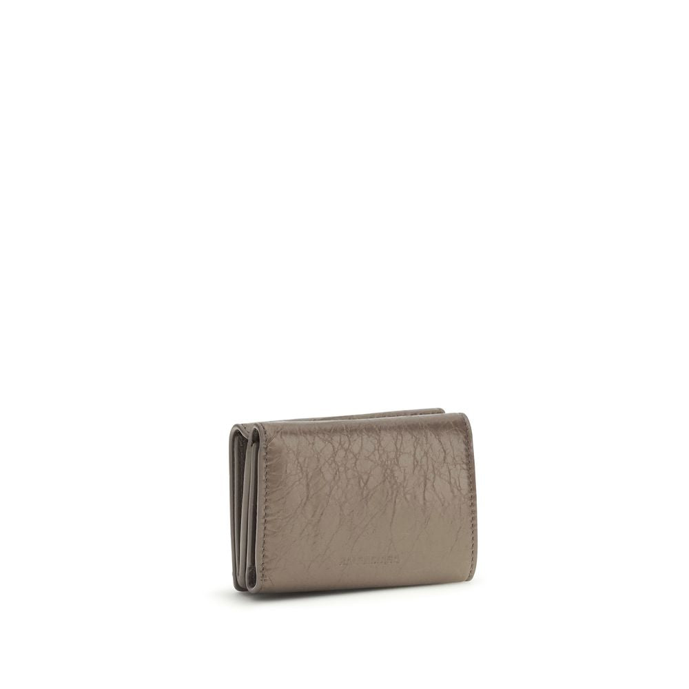 Beige Leather Mini Wallet with Zip and Card Slots