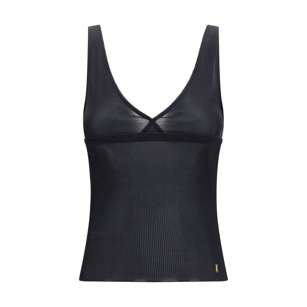 Schwarzes ärmelloses Tanktop aus Seide mit Spitzenbesatz