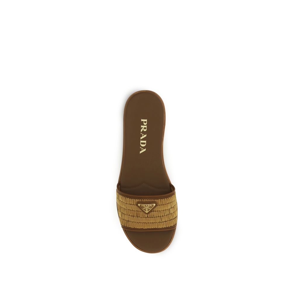 Brown Raffia Slippers with Prada Logo Detail