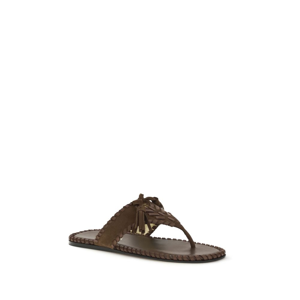 Brown Leather Flat Sandals with Tassels